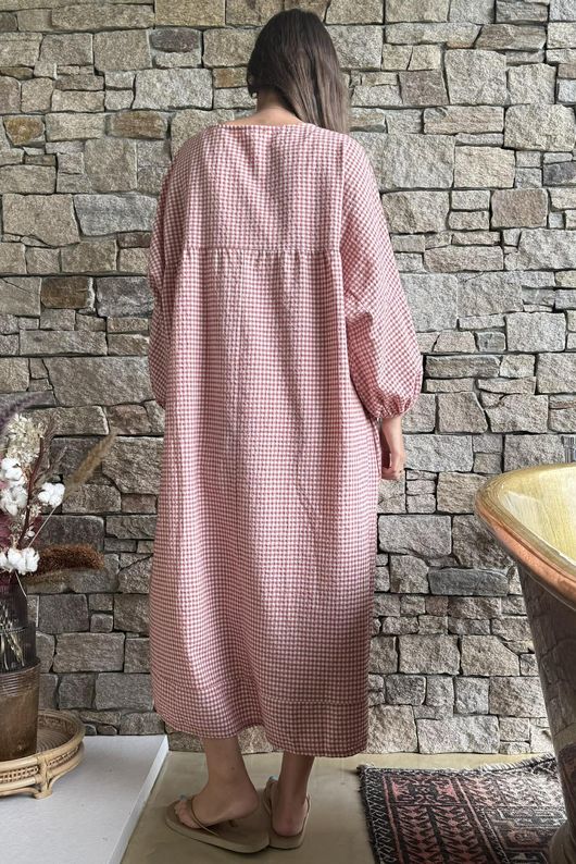 Arbi Gingham Artist Peasant Dress Indian Red