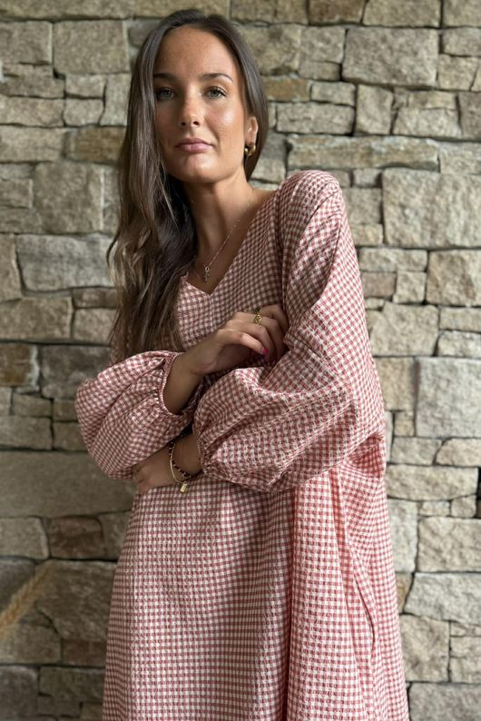 Arbi Gingham Artist Peasant Dress Indian Red