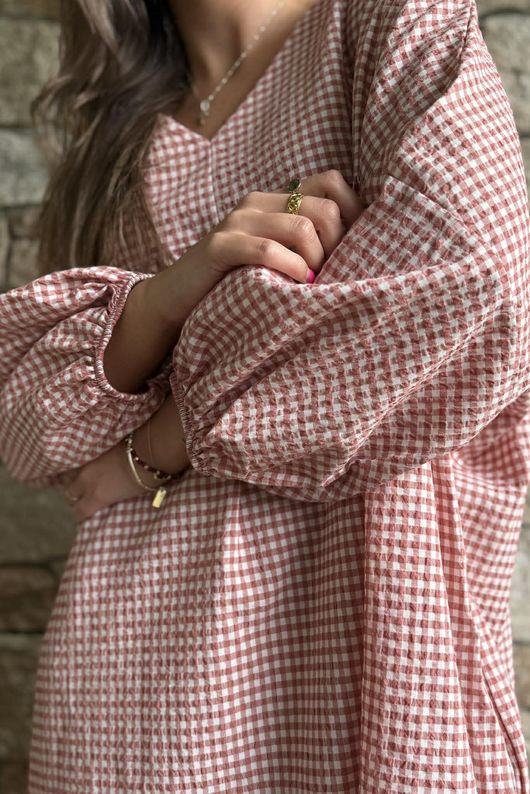 Arbi Gingham Artist Peasant Dress Indian Red