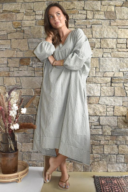 Arbi Gingham Artist Peasant Dress Khaki