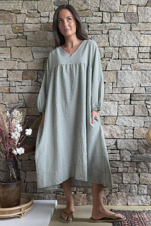 Arbi Gingham Artist Peasant Dress Khaki