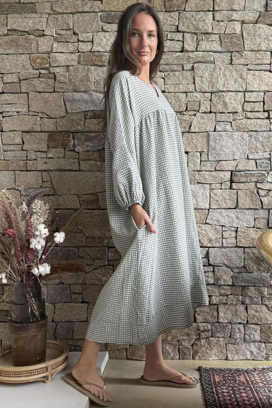 Arbi Gingham Artist Peasant Dress Khaki