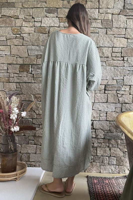 Arbi Gingham Artist Peasant Dress Khaki
