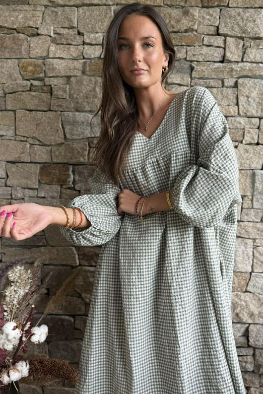 Arbi Gingham Artist Peasant Dress Khaki