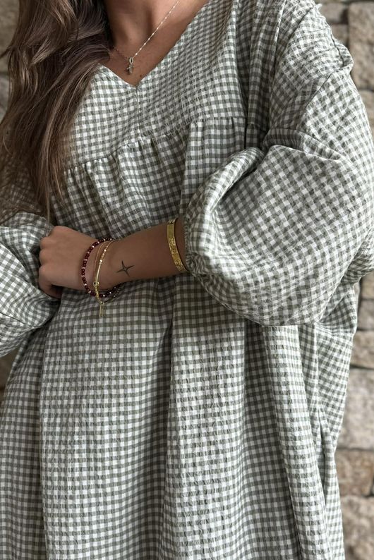 Arbi Gingham Artist Peasant Dress Khaki