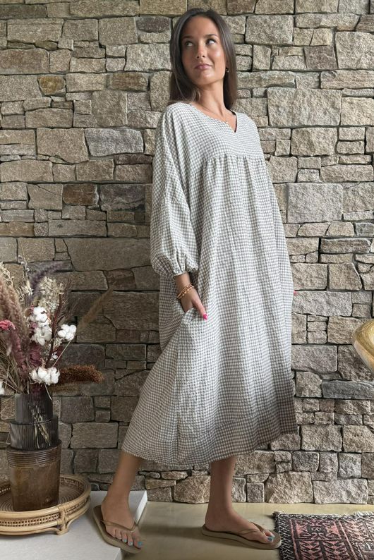 Arbi Gingham Artist Peasant Dress Mocha