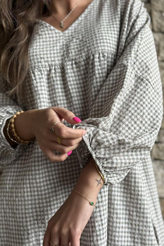 Arbi Gingham Artist Peasant Dress Mocha