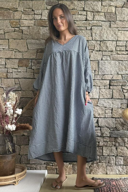 Arbi Gingham Artist Peasant Dress Navy
