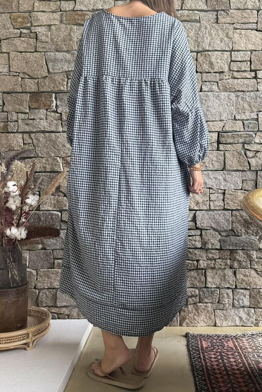 Arbi Gingham Artist Peasant Dress Navy