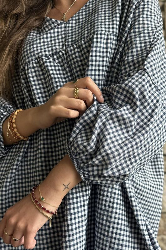 Arbi Gingham Artist Peasant Dress Navy
