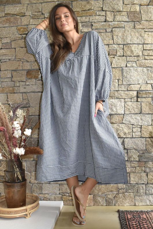 Arbi Gingham Artist Peasant Dress Navy Pre order 5 days 