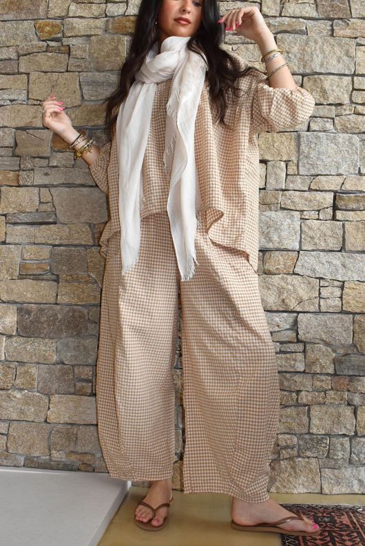 Arbi Gingham Peasant Smock Blouse Camel