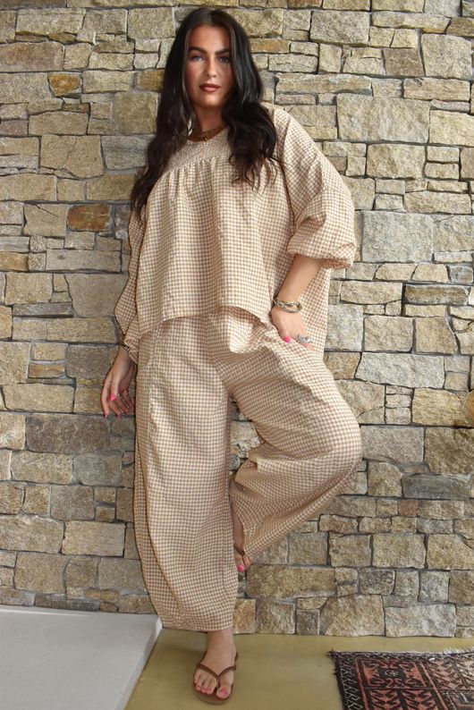 Arbi Gingham Peasant Smock Blouse Camel