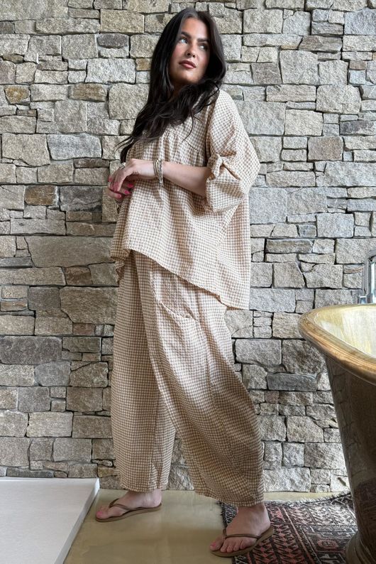 Arbi Gingham Peasant Smock Blouse Camel