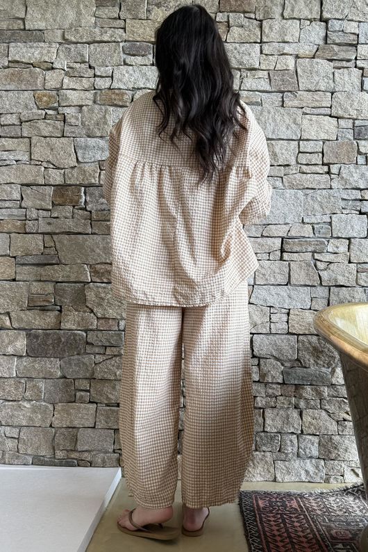 Arbi Gingham Peasant Smock Blouse Camel
