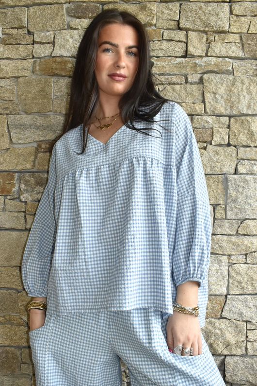 Arbi Gingham Peasant Smock Blouse Denim