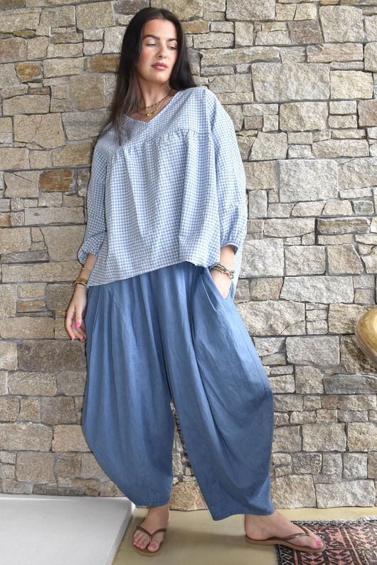 Arbi Gingham Peasant Smock Blouse Denim