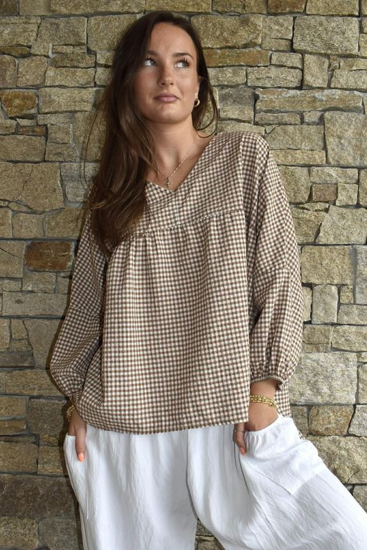 Arbi Gingham Peasant Smock Blouse Hazelnut