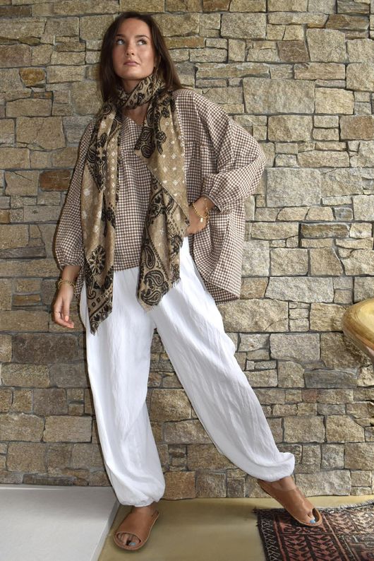 Arbi Gingham Peasant Smock Blouse Hazelnut