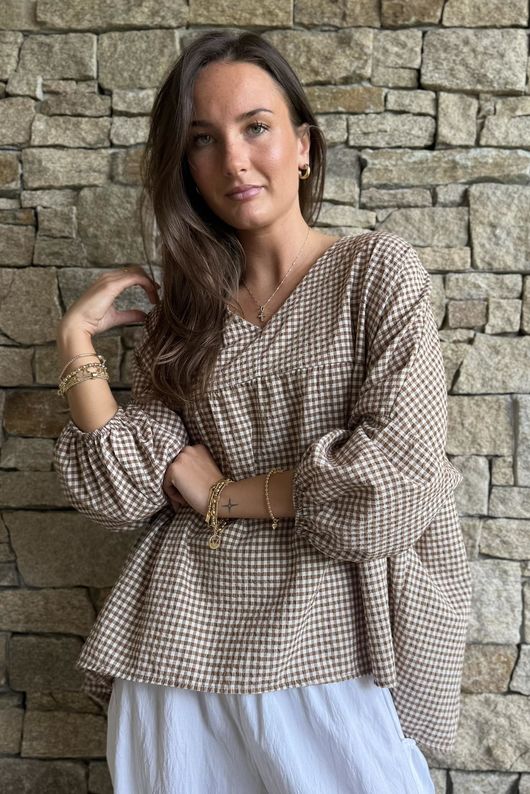 Arbi Gingham Peasant Smock Blouse Hazelnut