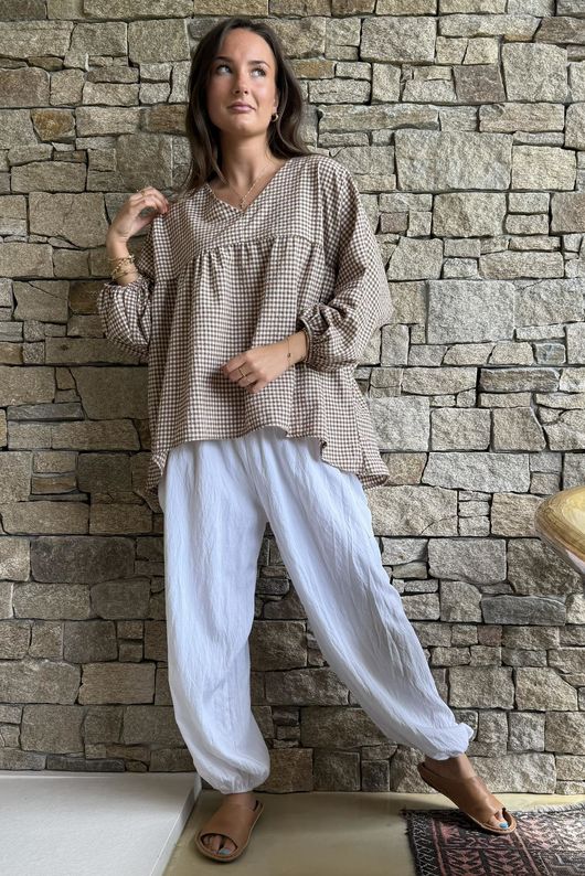 Arbi Gingham Peasant Smock Blouse Hazelnut