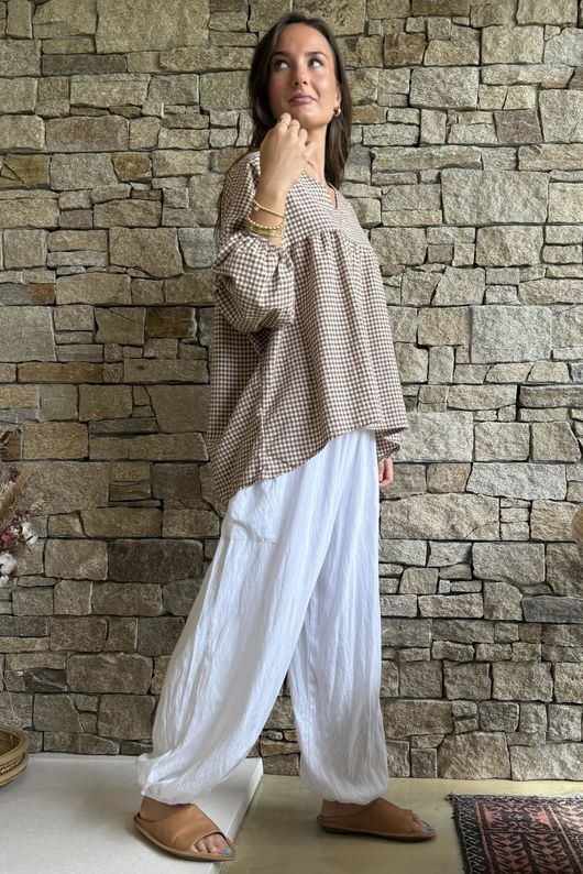 Arbi Gingham Peasant Smock Blouse Hazelnut