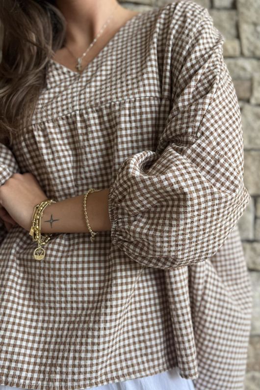 Arbi Gingham Peasant Smock Blouse Hazelnut