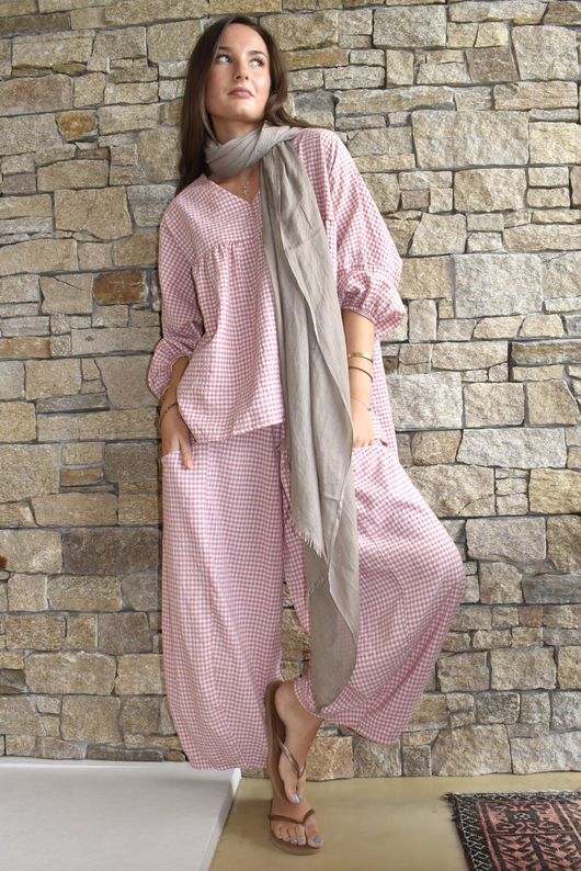 Arbi Gingham Peasant Smock Blouse Indian Pink