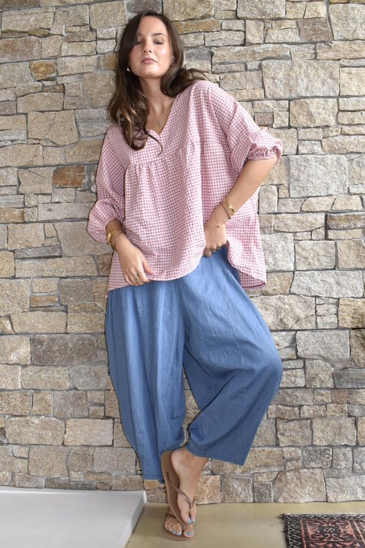 Arbi Gingham Peasant Smock Blouse Indian Pink