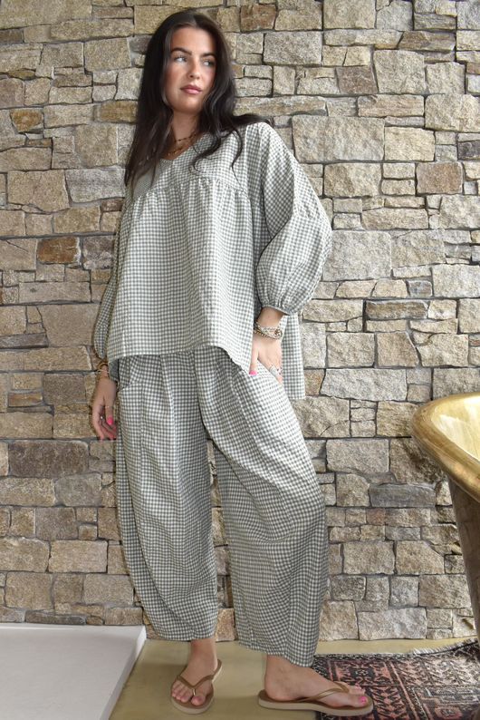 Arbi Gingham Peasant Smock Blouse Khaki