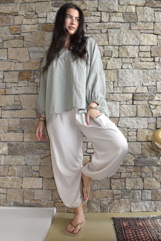 Arbi Gingham Peasant Smock Blouse Khaki