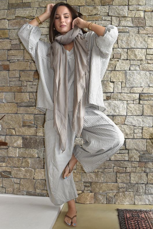 Arbi Gingham Peasant Smock Blouse Mocha