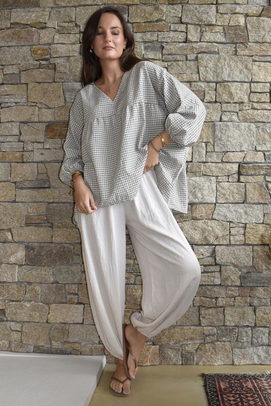 Arbi Gingham Peasant Smock Blouse Mocha