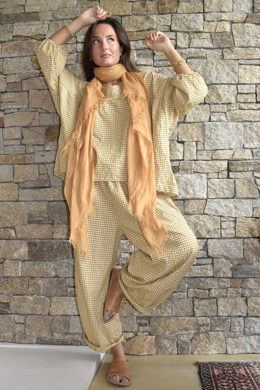 Arbi Gingham Peasant Smock Blouse Mustard