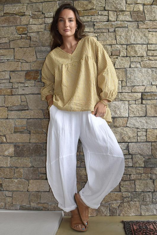 Arbi Gingham Peasant Smock Blouse Mustard