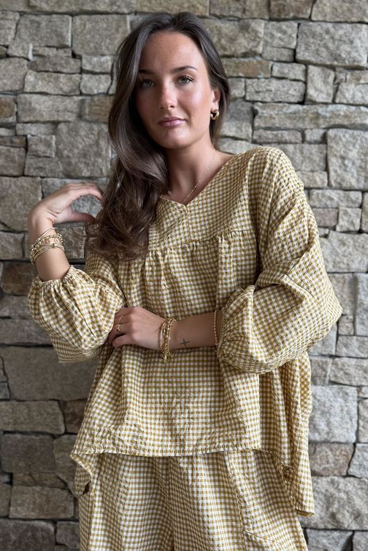 Arbi Gingham Peasant Smock Blouse Mustard