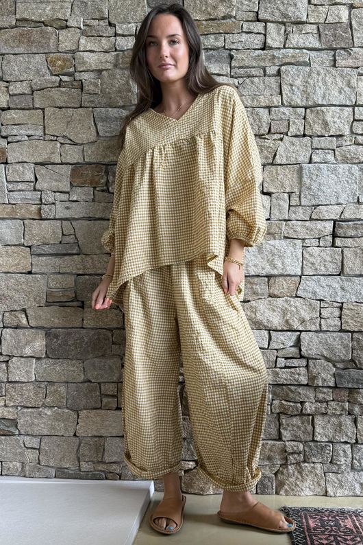 Arbi Gingham Peasant Smock Blouse Mustard
