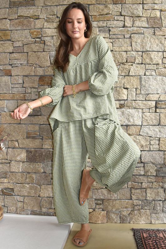 Arbi Gingham Peasant Smock Blouse Olive