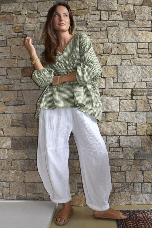 Arbi Gingham Peasant Smock Blouse Olive