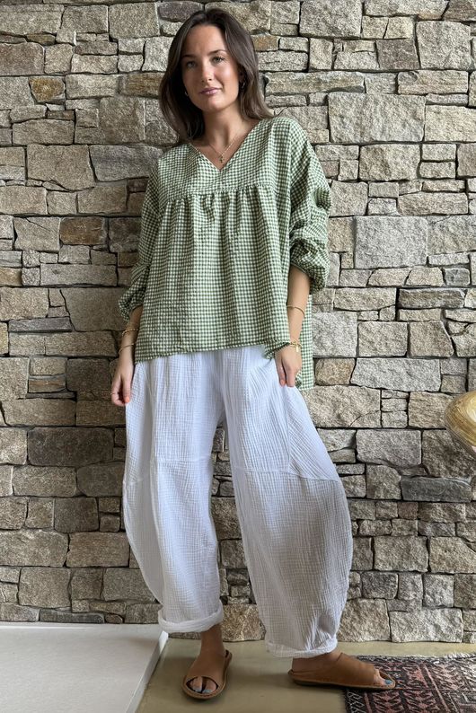 Arbi Gingham Peasant Smock Blouse Olive