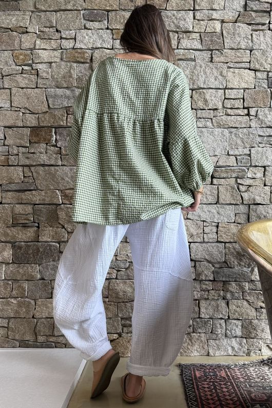 Arbi Gingham Peasant Smock Blouse Olive