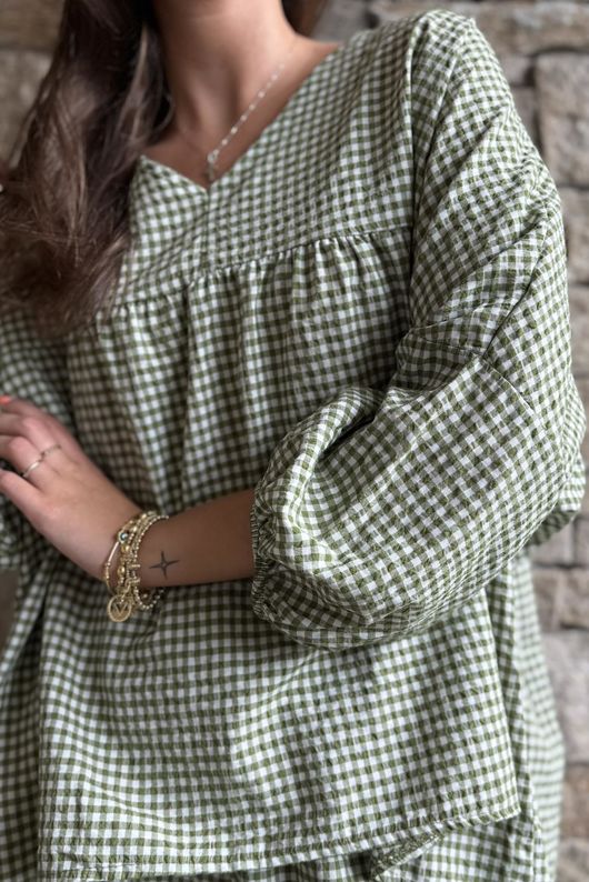 Arbi Gingham Peasant Smock Blouse Olive