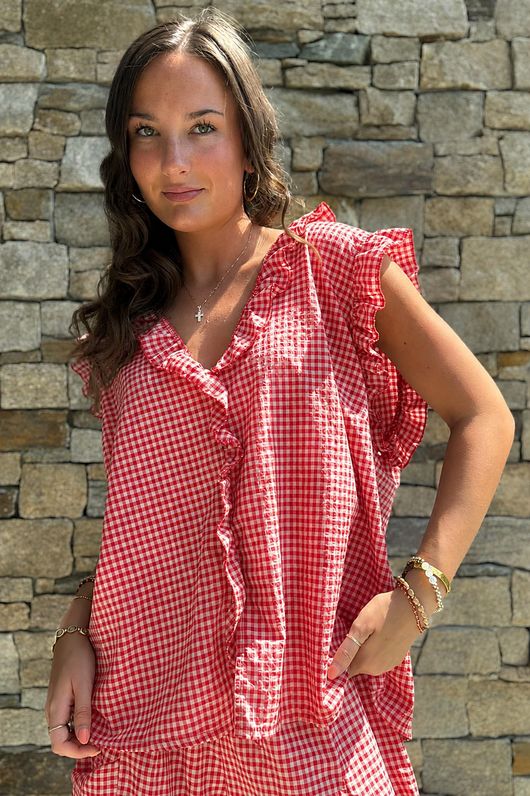 Arbi Gingham Y Blouse Chilli