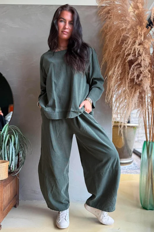 Arbi Needlecord Fold Hem Top Khaki
