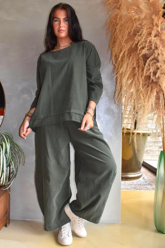 Arbi Needlecord Fold Hem Top Khaki