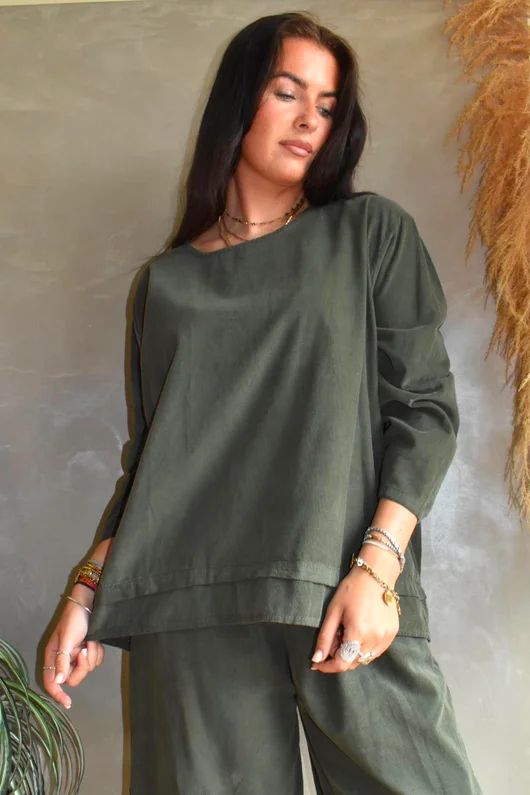 Arbi Needlecord Fold Hem Top Khaki