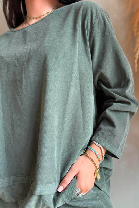Arbi Needlecord Fold Hem Top Khaki