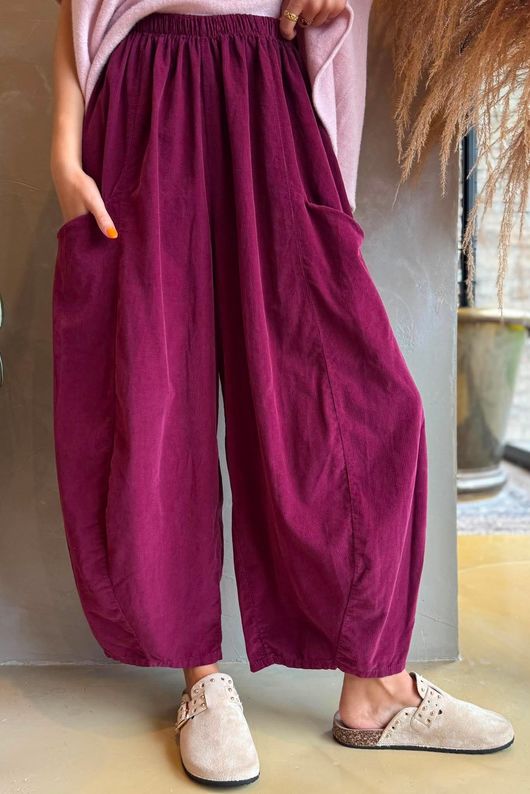 Arbi Needlecord Relaxed Barrel Pant Aubergine