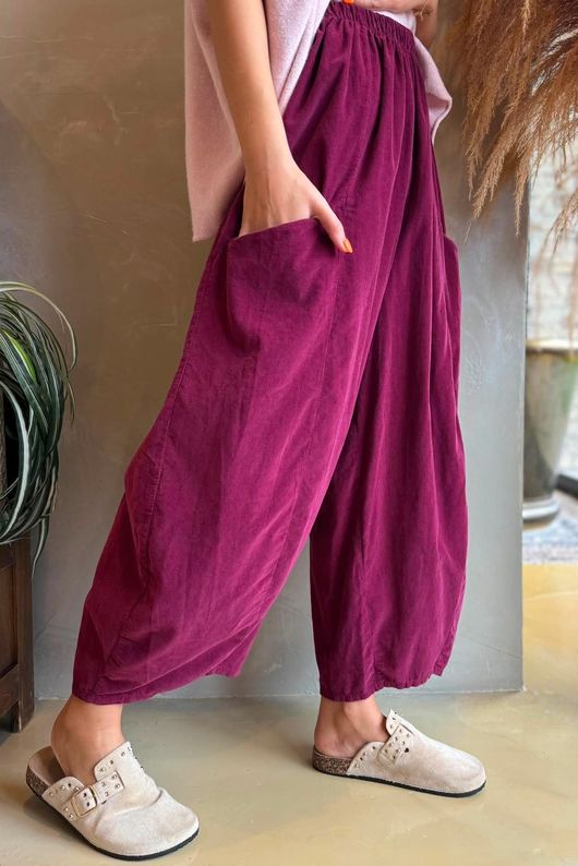 Arbi Needlecord Relaxed Barrel Pant Aubergine