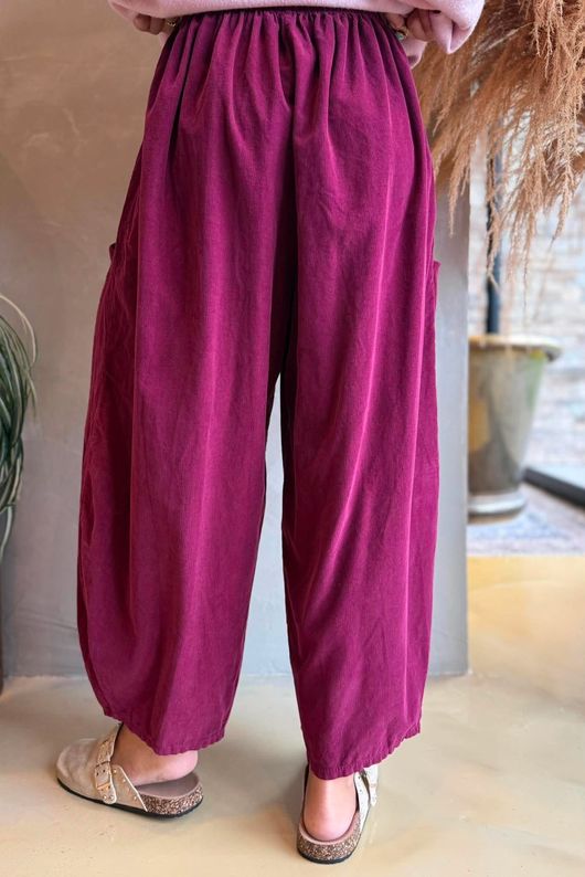 Arbi Needlecord Relaxed Barrel Pant Aubergine